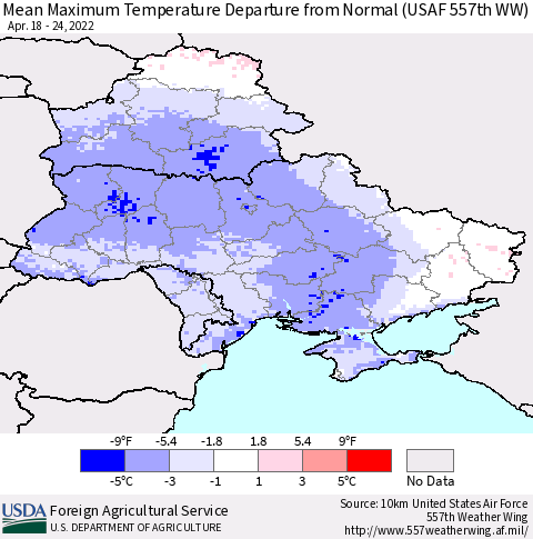 Ukraine, Moldova and Belarus Mean Maximum Temperature Departure from Normal (USAF 557th WW) Thematic Map For 4/18/2022 - 4/24/2022
