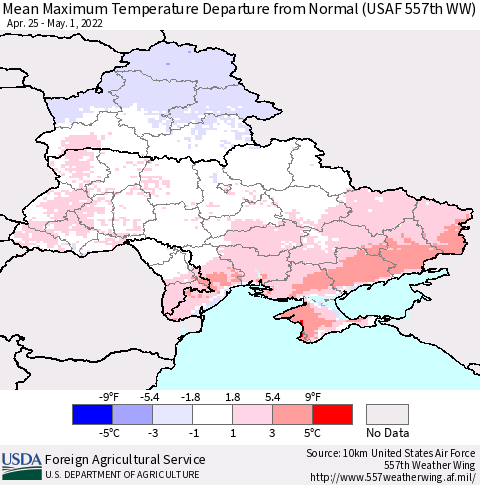 Ukraine, Moldova and Belarus Mean Maximum Temperature Departure from Normal (USAF 557th WW) Thematic Map For 4/25/2022 - 5/1/2022