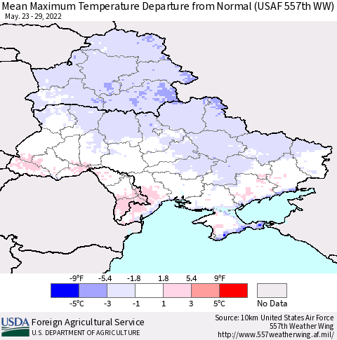 Ukraine, Moldova and Belarus Mean Maximum Temperature Departure from Normal (USAF 557th WW) Thematic Map For 5/23/2022 - 5/29/2022