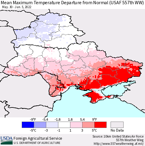 Ukraine, Moldova and Belarus Mean Maximum Temperature Departure from Normal (USAF 557th WW) Thematic Map For 5/30/2022 - 6/5/2022