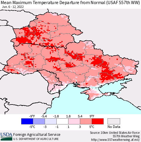 Ukraine, Moldova and Belarus Mean Maximum Temperature Departure from Normal (USAF 557th WW) Thematic Map For 6/6/2022 - 6/12/2022