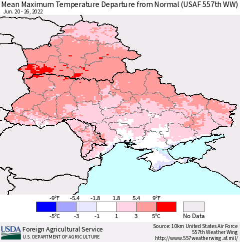 Ukraine, Moldova and Belarus Mean Maximum Temperature Departure from Normal (USAF 557th WW) Thematic Map For 6/20/2022 - 6/26/2022