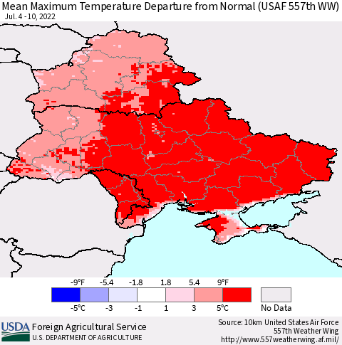 Ukraine, Moldova and Belarus Mean Maximum Temperature Departure from Normal (USAF 557th WW) Thematic Map For 7/4/2022 - 7/10/2022