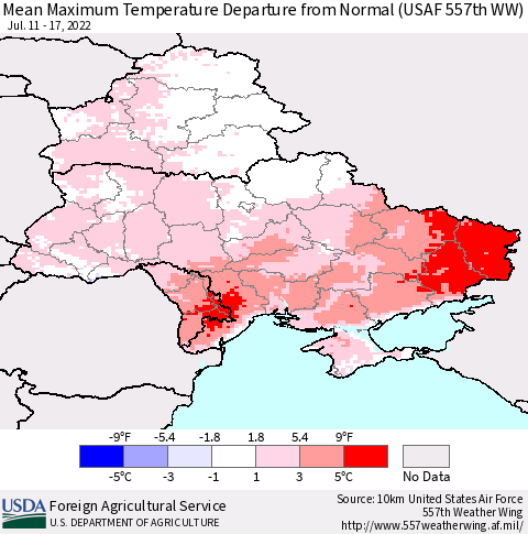 Ukraine, Moldova and Belarus Mean Maximum Temperature Departure from Normal (USAF 557th WW) Thematic Map For 7/11/2022 - 7/17/2022
