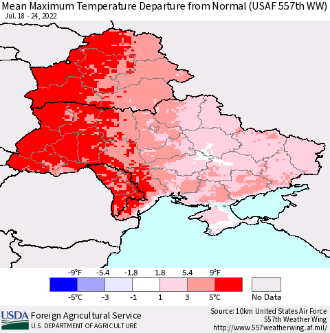 Ukraine, Moldova and Belarus Mean Maximum Temperature Departure from Normal (USAF 557th WW) Thematic Map For 7/18/2022 - 7/24/2022