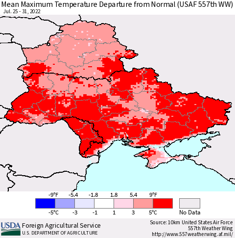 Ukraine, Moldova and Belarus Mean Maximum Temperature Departure from Normal (USAF 557th WW) Thematic Map For 7/25/2022 - 7/31/2022