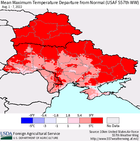 Ukraine, Moldova and Belarus Mean Maximum Temperature Departure from Normal (USAF 557th WW) Thematic Map For 8/1/2022 - 8/7/2022
