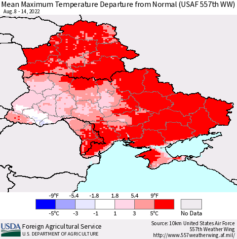 Ukraine, Moldova and Belarus Mean Maximum Temperature Departure from Normal (USAF 557th WW) Thematic Map For 8/8/2022 - 8/14/2022
