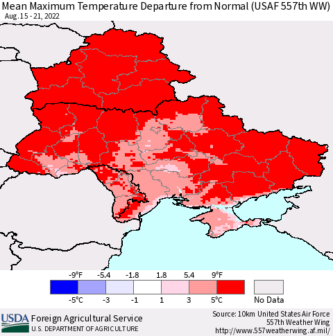 Ukraine, Moldova and Belarus Mean Maximum Temperature Departure from Normal (USAF 557th WW) Thematic Map For 8/15/2022 - 8/21/2022