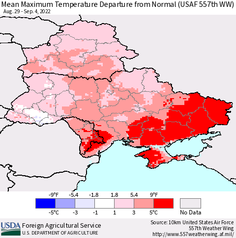 Ukraine, Moldova and Belarus Mean Maximum Temperature Departure from Normal (USAF 557th WW) Thematic Map For 8/29/2022 - 9/4/2022