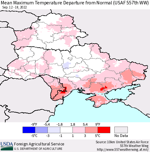 Ukraine, Moldova and Belarus Mean Maximum Temperature Departure from Normal (USAF 557th WW) Thematic Map For 9/12/2022 - 9/18/2022