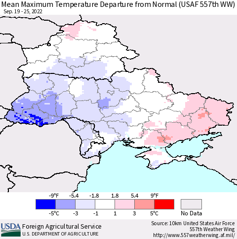 Ukraine, Moldova and Belarus Mean Maximum Temperature Departure from Normal (USAF 557th WW) Thematic Map For 9/19/2022 - 9/25/2022