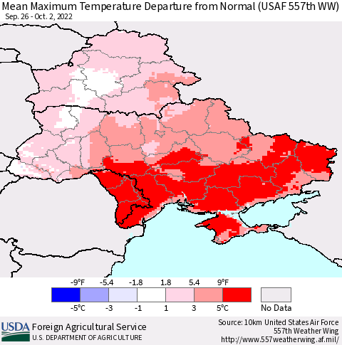 Ukraine, Moldova and Belarus Mean Maximum Temperature Departure from Normal (USAF 557th WW) Thematic Map For 9/26/2022 - 10/2/2022