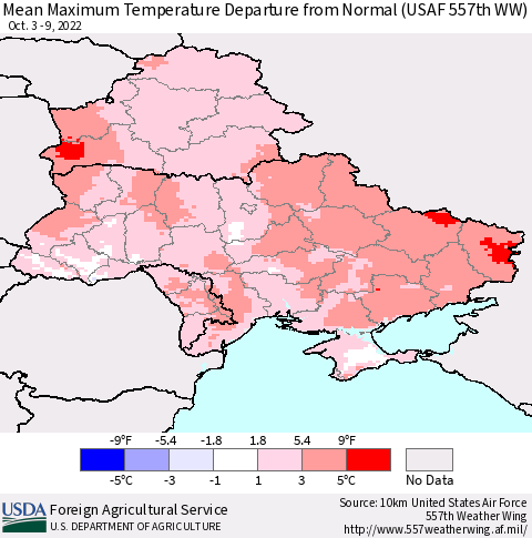 Ukraine, Moldova and Belarus Mean Maximum Temperature Departure from Normal (USAF 557th WW) Thematic Map For 10/3/2022 - 10/9/2022