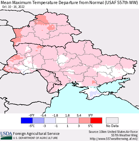 Ukraine, Moldova and Belarus Mean Maximum Temperature Departure from Normal (USAF 557th WW) Thematic Map For 10/10/2022 - 10/16/2022