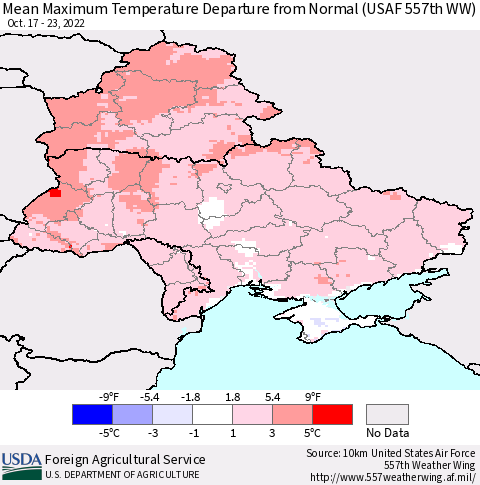 Ukraine, Moldova and Belarus Mean Maximum Temperature Departure from Normal (USAF 557th WW) Thematic Map For 10/17/2022 - 10/23/2022