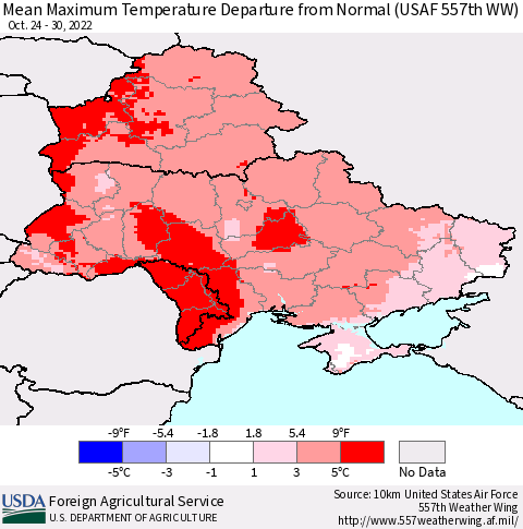 Ukraine, Moldova and Belarus Mean Maximum Temperature Departure from Normal (USAF 557th WW) Thematic Map For 10/24/2022 - 10/30/2022
