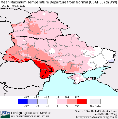 Ukraine, Moldova and Belarus Mean Maximum Temperature Departure from Normal (USAF 557th WW) Thematic Map For 10/31/2022 - 11/6/2022