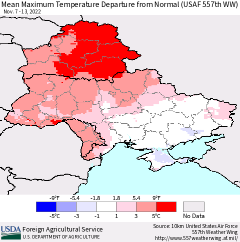 Ukraine, Moldova and Belarus Mean Maximum Temperature Departure from Normal (USAF 557th WW) Thematic Map For 11/7/2022 - 11/13/2022