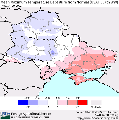 Ukraine, Moldova and Belarus Mean Maximum Temperature Departure from Normal (USAF 557th WW) Thematic Map For 11/14/2022 - 11/20/2022