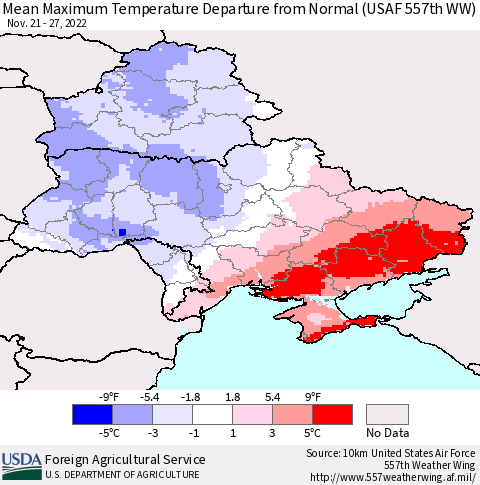 Ukraine, Moldova and Belarus Mean Maximum Temperature Departure from Normal (USAF 557th WW) Thematic Map For 11/21/2022 - 11/27/2022