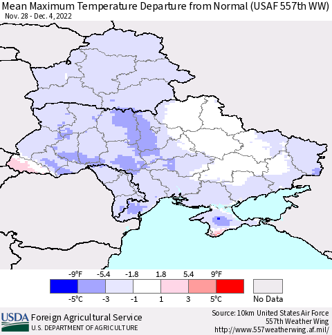 Ukraine, Moldova and Belarus Mean Maximum Temperature Departure from Normal (USAF 557th WW) Thematic Map For 11/28/2022 - 12/4/2022