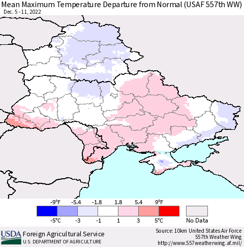 Ukraine, Moldova and Belarus Mean Maximum Temperature Departure from Normal (USAF 557th WW) Thematic Map For 12/5/2022 - 12/11/2022