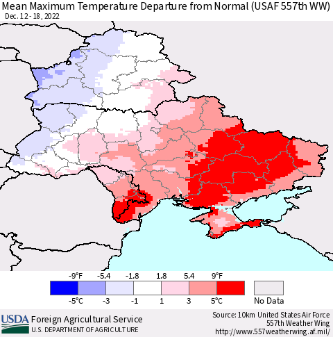 Ukraine, Moldova and Belarus Mean Maximum Temperature Departure from Normal (USAF 557th WW) Thematic Map For 12/12/2022 - 12/18/2022
