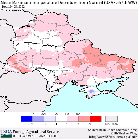 Ukraine, Moldova and Belarus Mean Maximum Temperature Departure from Normal (USAF 557th WW) Thematic Map For 12/19/2022 - 12/25/2022