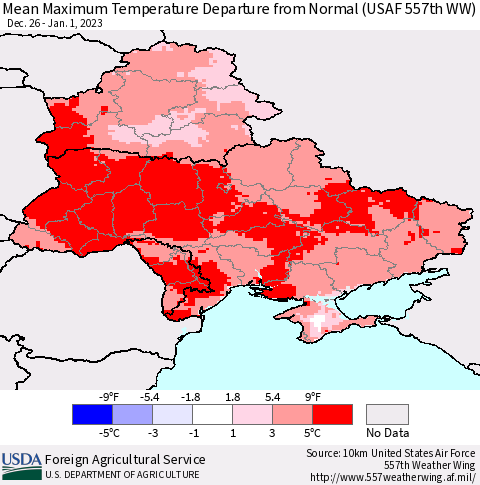 Ukraine, Moldova and Belarus Mean Maximum Temperature Departure from Normal (USAF 557th WW) Thematic Map For 12/26/2022 - 1/1/2023