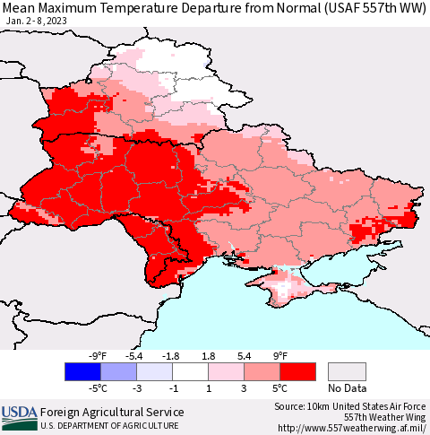 Ukraine, Moldova and Belarus Mean Maximum Temperature Departure from Normal (USAF 557th WW) Thematic Map For 1/2/2023 - 1/8/2023
