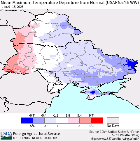 Ukraine, Moldova and Belarus Mean Maximum Temperature Departure from Normal (USAF 557th WW) Thematic Map For 1/9/2023 - 1/15/2023