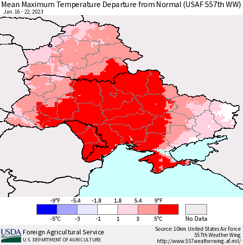 Ukraine, Moldova and Belarus Mean Maximum Temperature Departure from Normal (USAF 557th WW) Thematic Map For 1/16/2023 - 1/22/2023