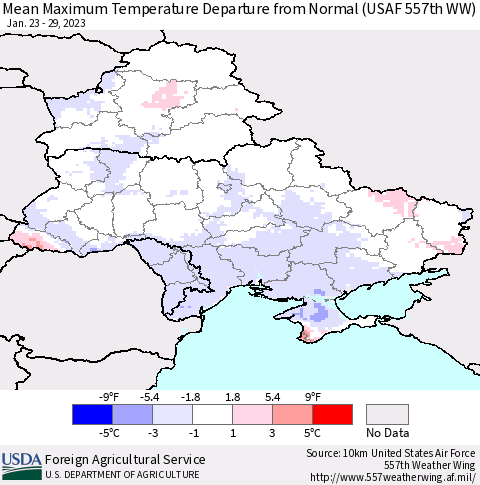 Ukraine, Moldova and Belarus Mean Maximum Temperature Departure from Normal (USAF 557th WW) Thematic Map For 1/23/2023 - 1/29/2023