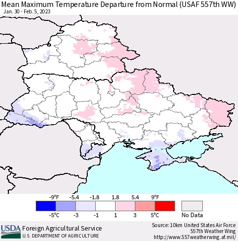 Ukraine, Moldova and Belarus Mean Maximum Temperature Departure from Normal (USAF 557th WW) Thematic Map For 1/30/2023 - 2/5/2023