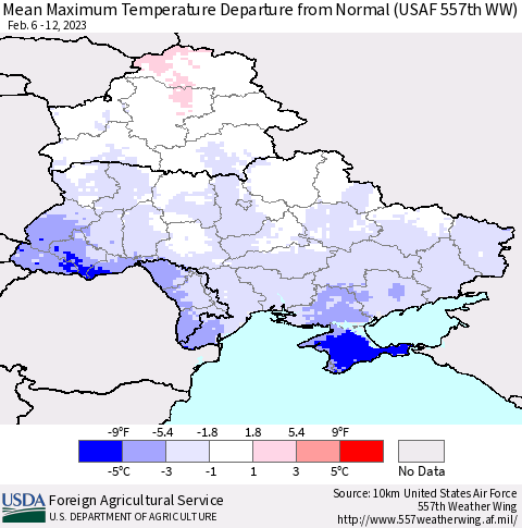 Ukraine, Moldova and Belarus Mean Maximum Temperature Departure from Normal (USAF 557th WW) Thematic Map For 2/6/2023 - 2/12/2023