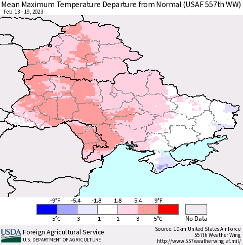 Ukraine, Moldova and Belarus Mean Maximum Temperature Departure from Normal (USAF 557th WW) Thematic Map For 2/13/2023 - 2/19/2023
