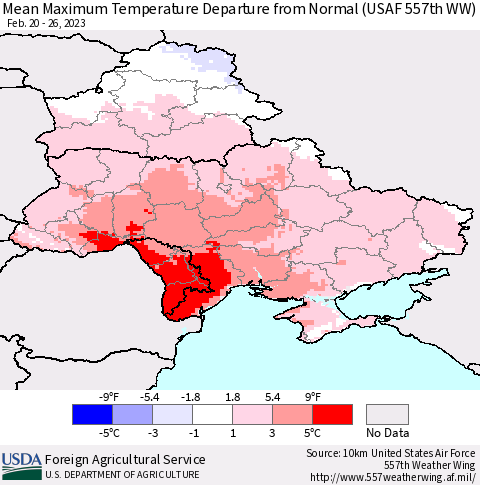 Ukraine, Moldova and Belarus Mean Maximum Temperature Departure from Normal (USAF 557th WW) Thematic Map For 2/20/2023 - 2/26/2023