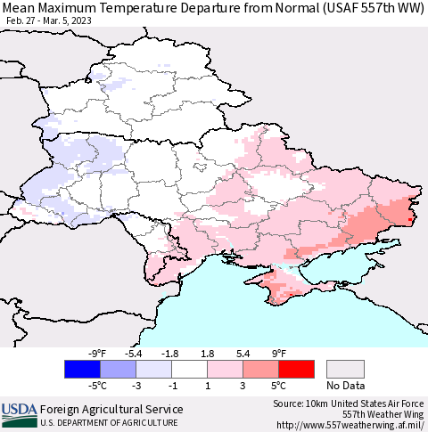 Ukraine, Moldova and Belarus Mean Maximum Temperature Departure from Normal (USAF 557th WW) Thematic Map For 2/27/2023 - 3/5/2023