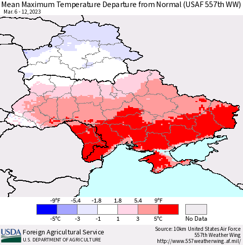 Ukraine, Moldova and Belarus Mean Maximum Temperature Departure from Normal (USAF 557th WW) Thematic Map For 3/6/2023 - 3/12/2023