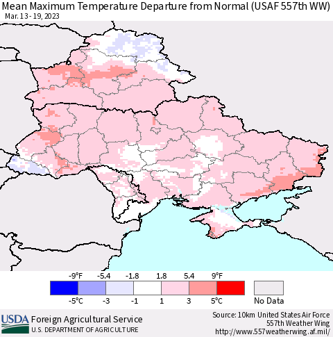 Ukraine, Moldova and Belarus Mean Maximum Temperature Departure from Normal (USAF 557th WW) Thematic Map For 3/13/2023 - 3/19/2023