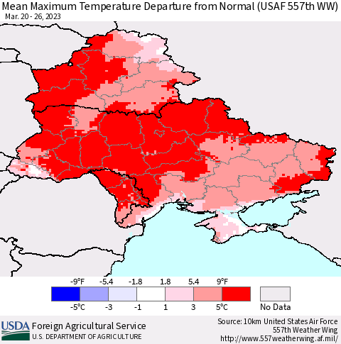 Ukraine, Moldova and Belarus Mean Maximum Temperature Departure from Normal (USAF 557th WW) Thematic Map For 3/20/2023 - 3/26/2023