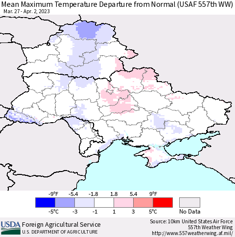 Ukraine, Moldova and Belarus Mean Maximum Temperature Departure from Normal (USAF 557th WW) Thematic Map For 3/27/2023 - 4/2/2023
