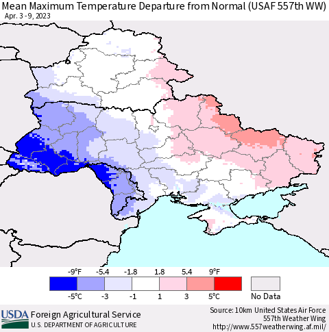 Ukraine, Moldova and Belarus Mean Maximum Temperature Departure from Normal (USAF 557th WW) Thematic Map For 4/3/2023 - 4/9/2023