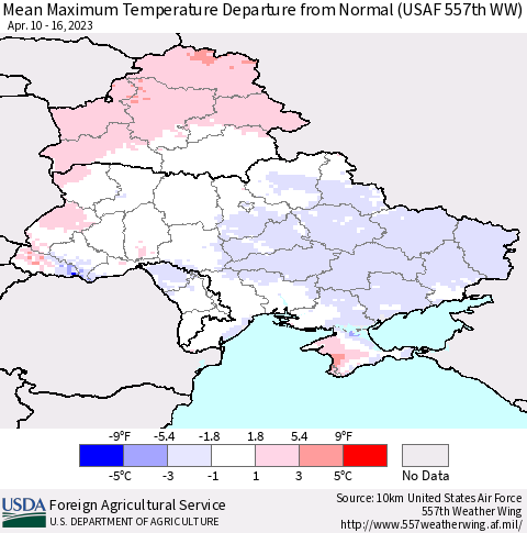 Ukraine, Moldova and Belarus Mean Maximum Temperature Departure from Normal (USAF 557th WW) Thematic Map For 4/10/2023 - 4/16/2023