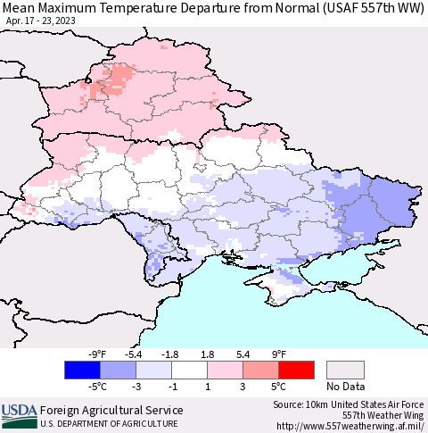 Ukraine, Moldova and Belarus Mean Maximum Temperature Departure from Normal (USAF 557th WW) Thematic Map For 4/17/2023 - 4/23/2023