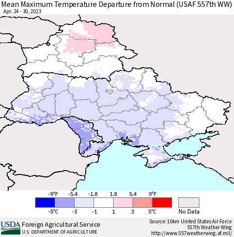 Ukraine, Moldova and Belarus Mean Maximum Temperature Departure from Normal (USAF 557th WW) Thematic Map For 4/24/2023 - 4/30/2023