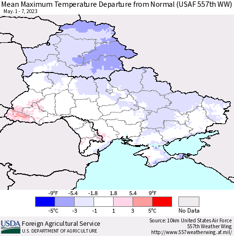 Ukraine, Moldova and Belarus Mean Maximum Temperature Departure from Normal (USAF 557th WW) Thematic Map For 5/1/2023 - 5/7/2023