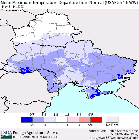 Ukraine, Moldova and Belarus Mean Maximum Temperature Departure from Normal (USAF 557th WW) Thematic Map For 5/8/2023 - 5/14/2023