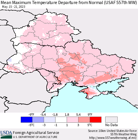 Ukraine, Moldova and Belarus Mean Maximum Temperature Departure from Normal (USAF 557th WW) Thematic Map For 5/15/2023 - 5/21/2023